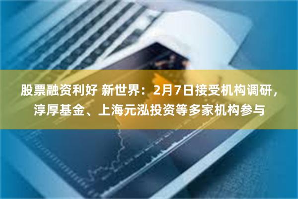 股票融资利好 新世界：2月7日接受机构调研，淳厚基金、上海元泓投资等多家机构参与